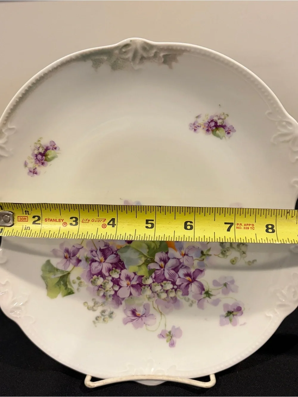 Antique German Porcelain Cake Plate Hand Painted Flowers 9.25” With Handles